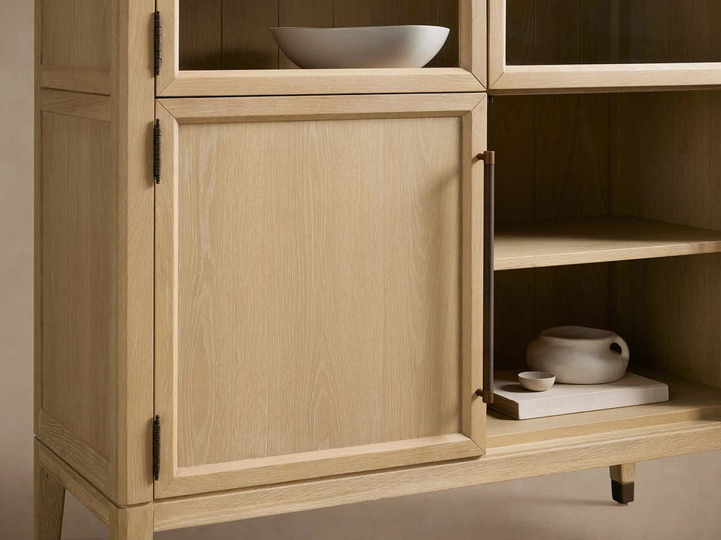 Hattie Glass Tall Display Cabinet Oak Wood Living Room Storage Cabinet