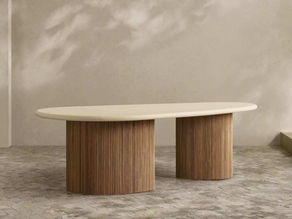 Alesso Organic Shape Outdoor Dining Table with Teak Base in Stone