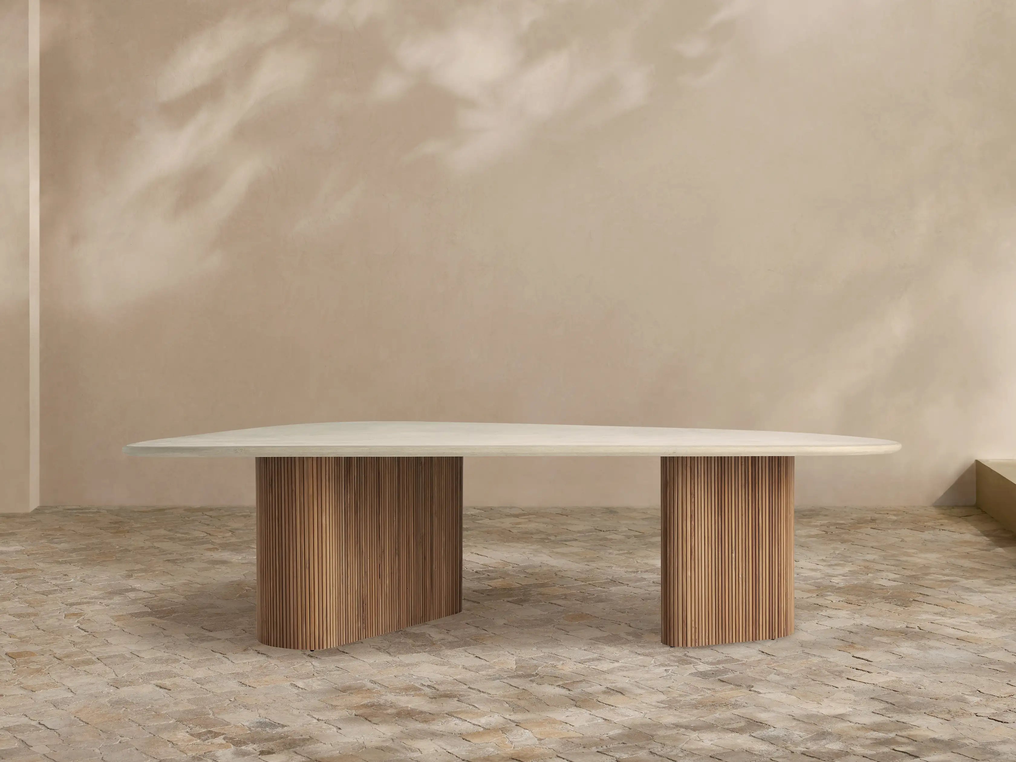 Alesso Organic Shape Outdoor Dining Table with Teak Base in Stone