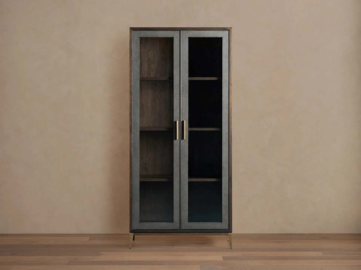 Malone Textured Leather Tall Display Cabinet Wood Storage Cabinet with Glass Doors