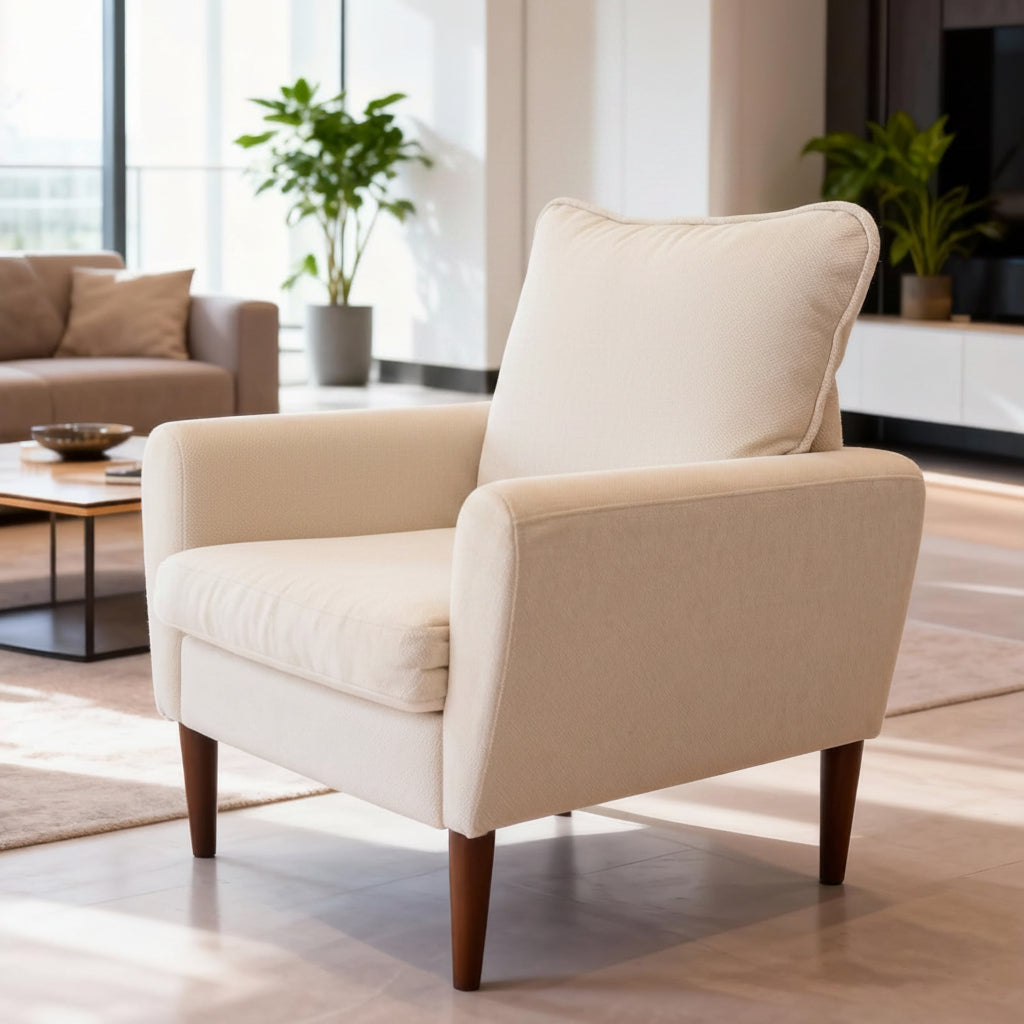 Mid-Century Upholstered Accent Chair, Modern Wide Lounge Chair with Pillow and Solid Wood Legs for Living Room Bedroom