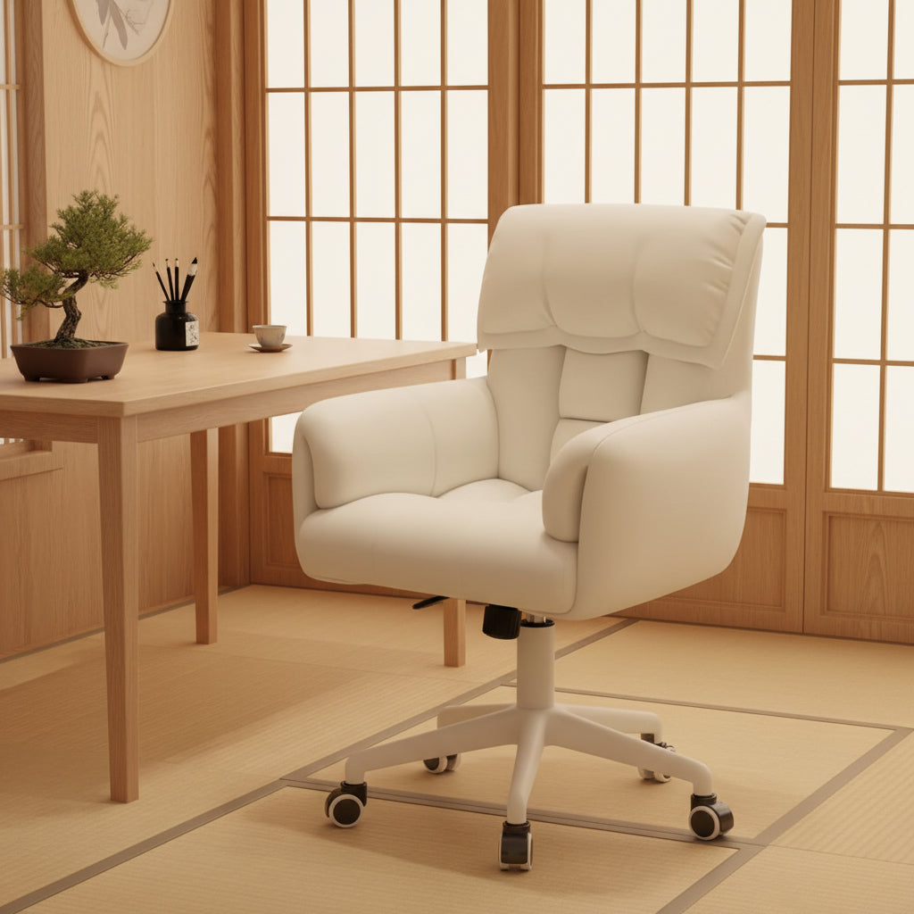 Height Adjustable Swivel Computer Chair, White Office Vanity Chair with Silent Casters, Comfortable for All-Day Sitting