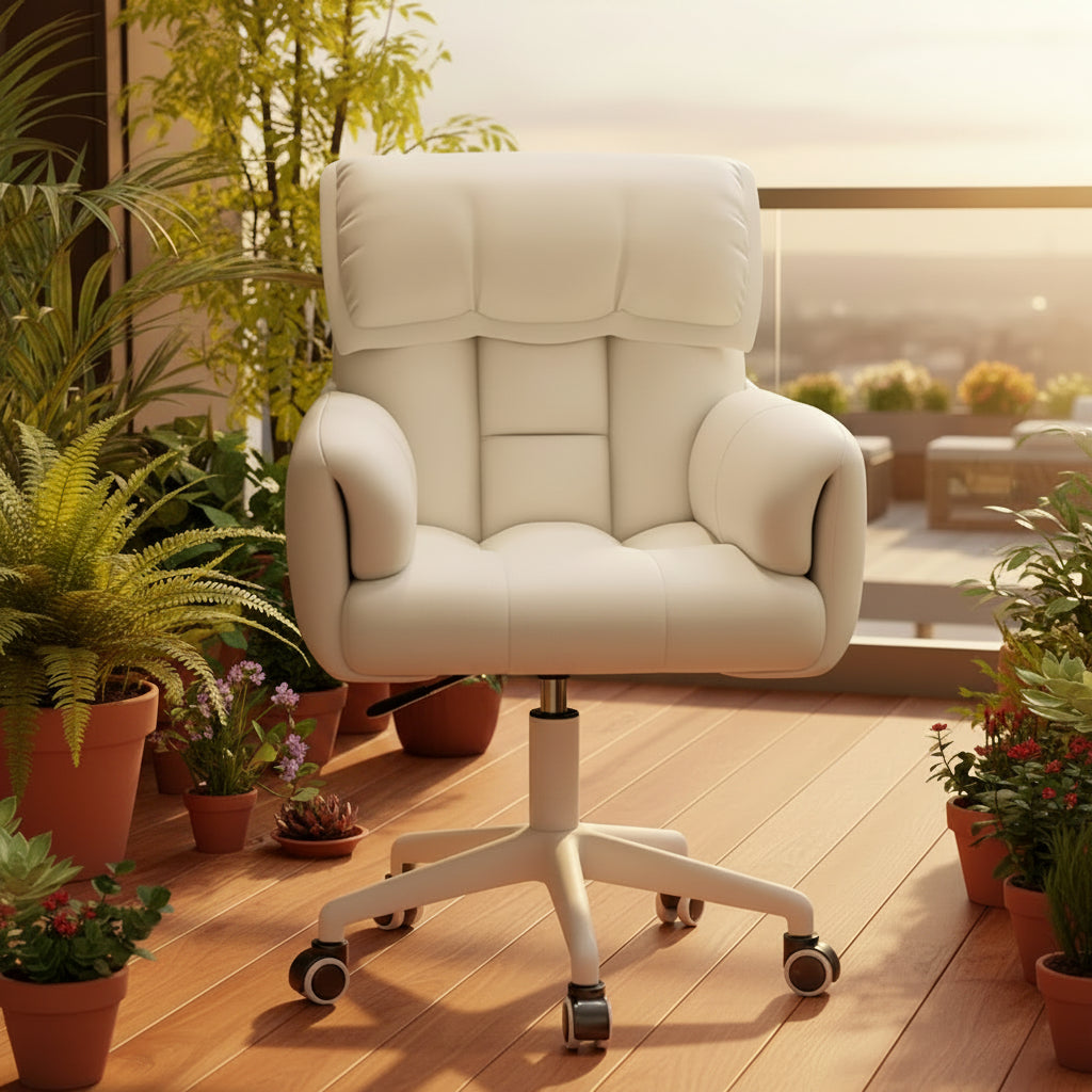 Height Adjustable Swivel Computer Chair, White Office Vanity Chair with Silent Casters, Comfortable for All-Day Sitting