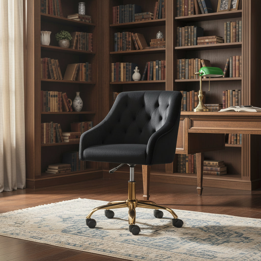 Velvet Swivel Office Chair, Gold Leg Vanity Desk Chair, Height Adjustable 360° Swivel Reception Chair for Girls