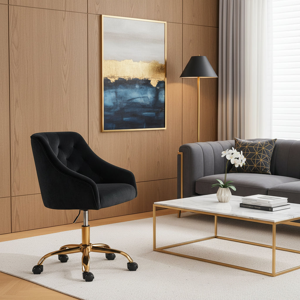 Velvet Swivel Office Chair, Gold Leg Vanity Desk Chair, Height Adjustable 360° Swivel Reception Chair for Girls