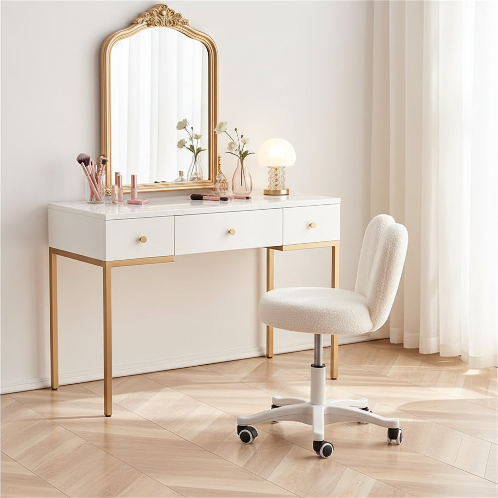 Adjustable Height Swivel Vanity Chair with Wheels, Backrest Makeup Stool for Dressing Room Office Living Room