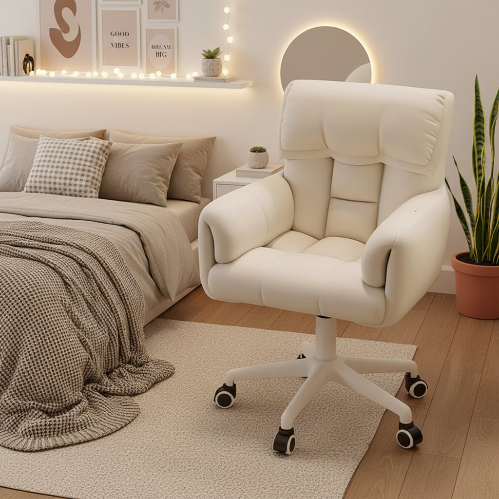 Height Adjustable Swivel Computer Chair, White Office Vanity Chair with Silent Casters, Comfortable for All-Day Sitting