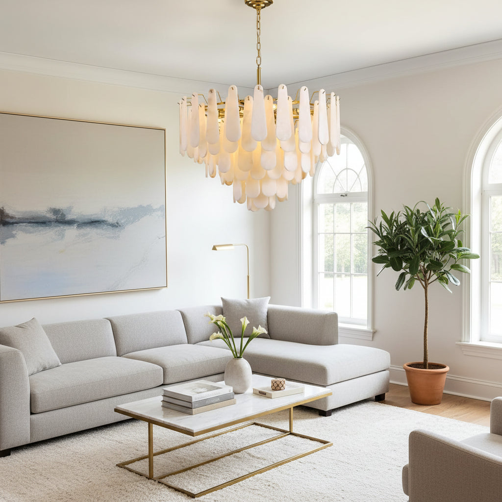 Modern Feathery Round Alabaster Round Chandelier
