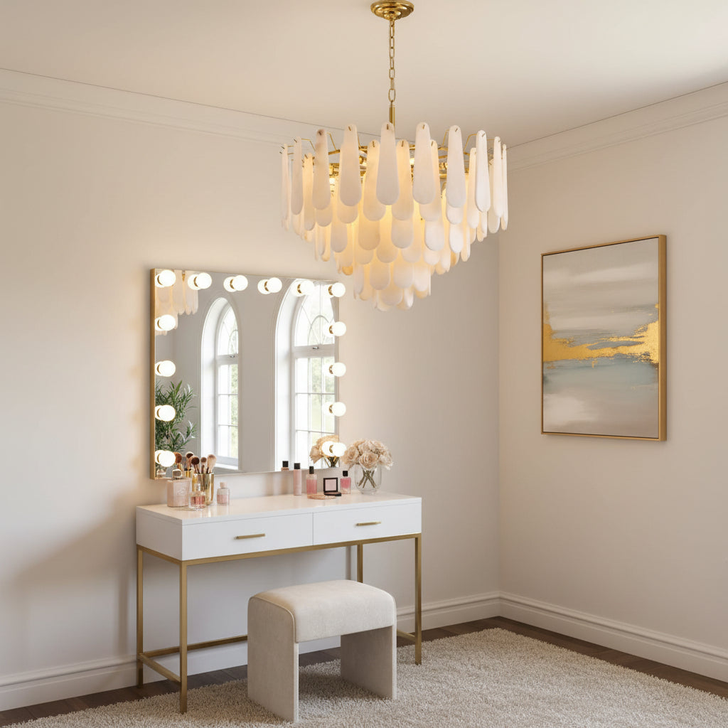Modern Feathery Round Alabaster Round Chandelier
