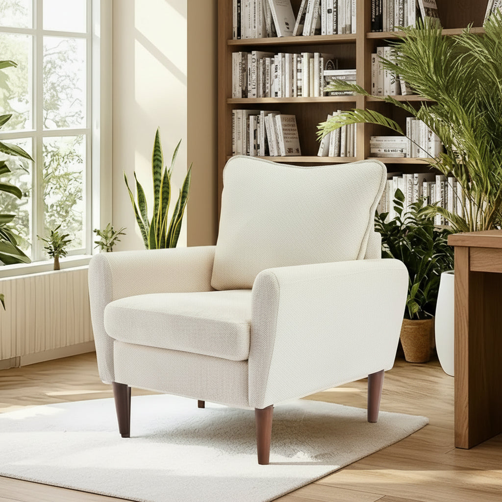 Mid-Century Upholstered Accent Chair, Modern Wide Lounge Chair with Pillow and Solid Wood Legs for Living Room Bedroom