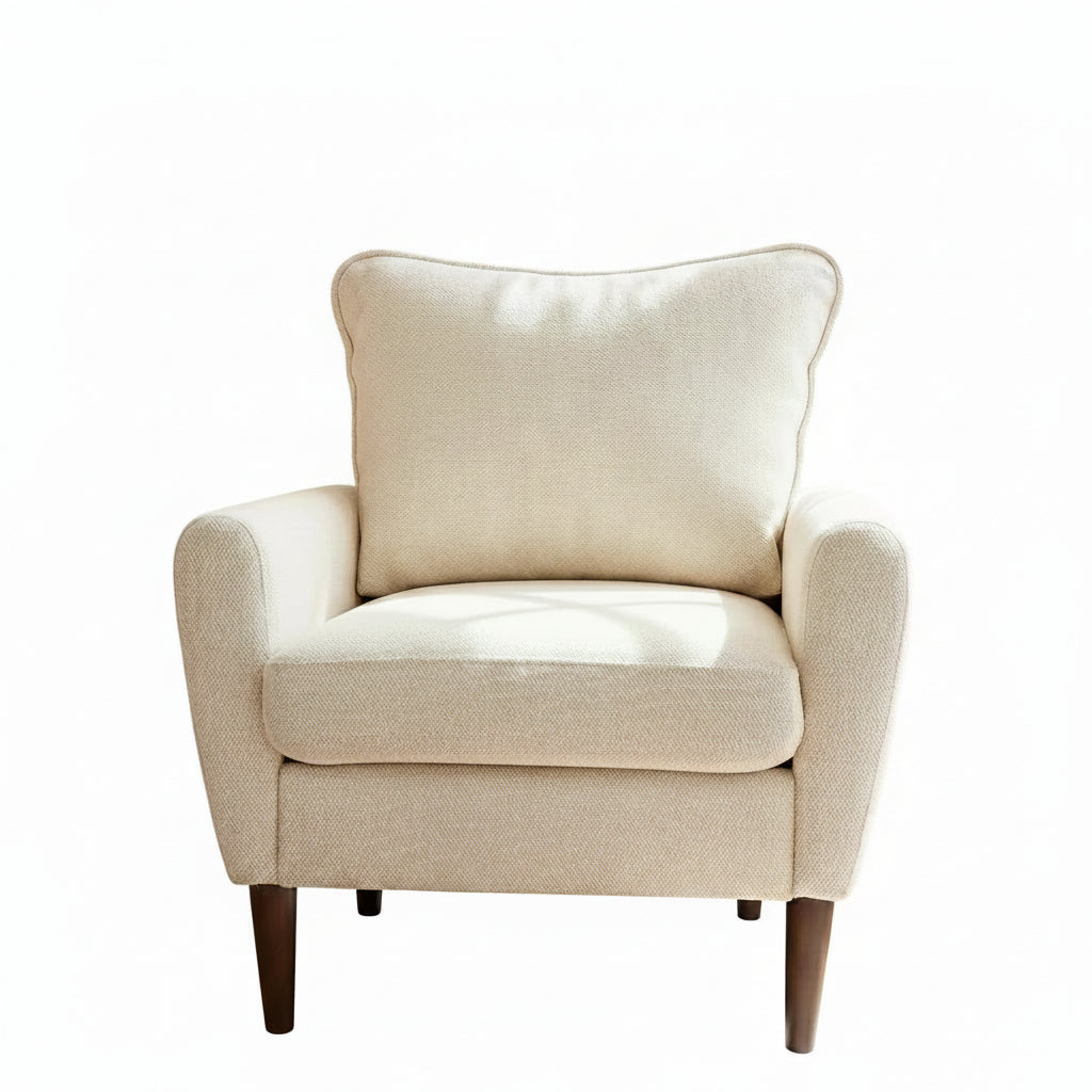 Mid-Century Upholstered Accent Chair, Modern Wide Lounge Chair with Pillow and Solid Wood Legs for Living Room Bedroom