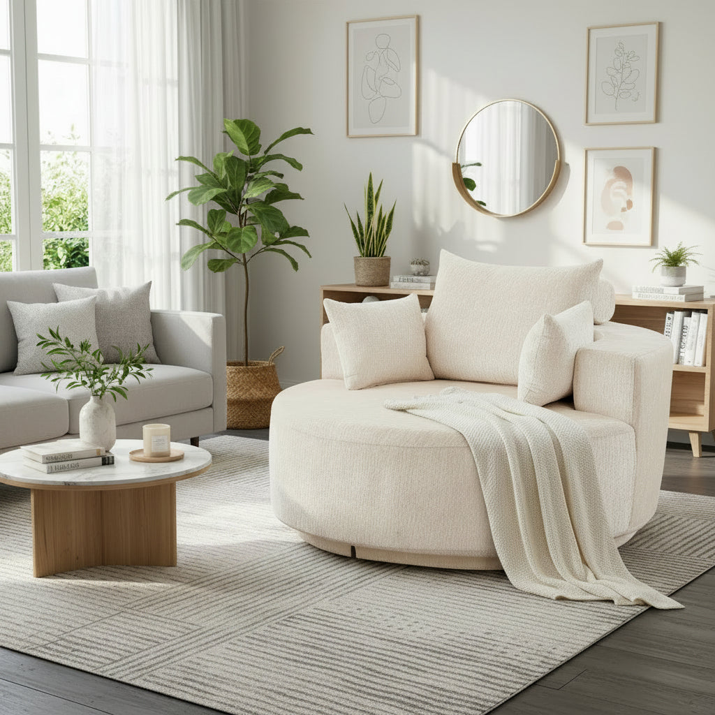 55" Oversized 360° Swivel Chenille Chair, Modern Round Deep Seat Accent Chair, Single Sleeper Sofa for Living Room