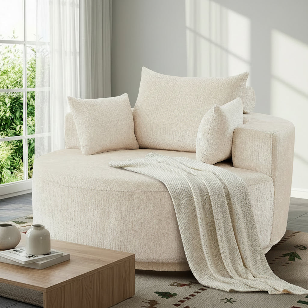 55" Oversized 360° Swivel Chenille Chair, Modern Round Deep Seat Accent Chair, Single Sleeper Sofa for Living Room