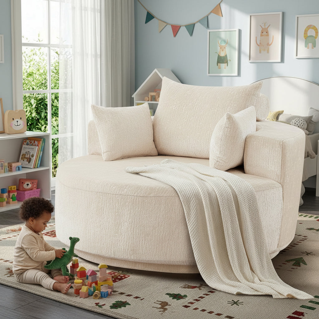 55" Oversized 360° Swivel Chenille Chair, Modern Round Deep Seat Accent Chair, Single Sleeper Sofa for Living Room