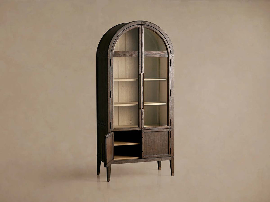 Hattie Glass Tall Display Cabinet Oak Wood Living Room Storage Cabinet