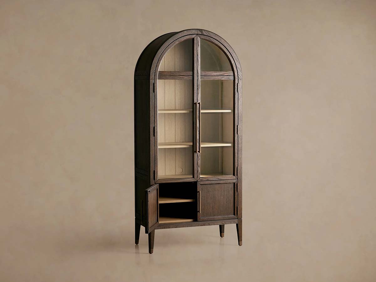 Hattie Glass Tall Display Cabinet Oak Wood Living Room Storage Cabinet