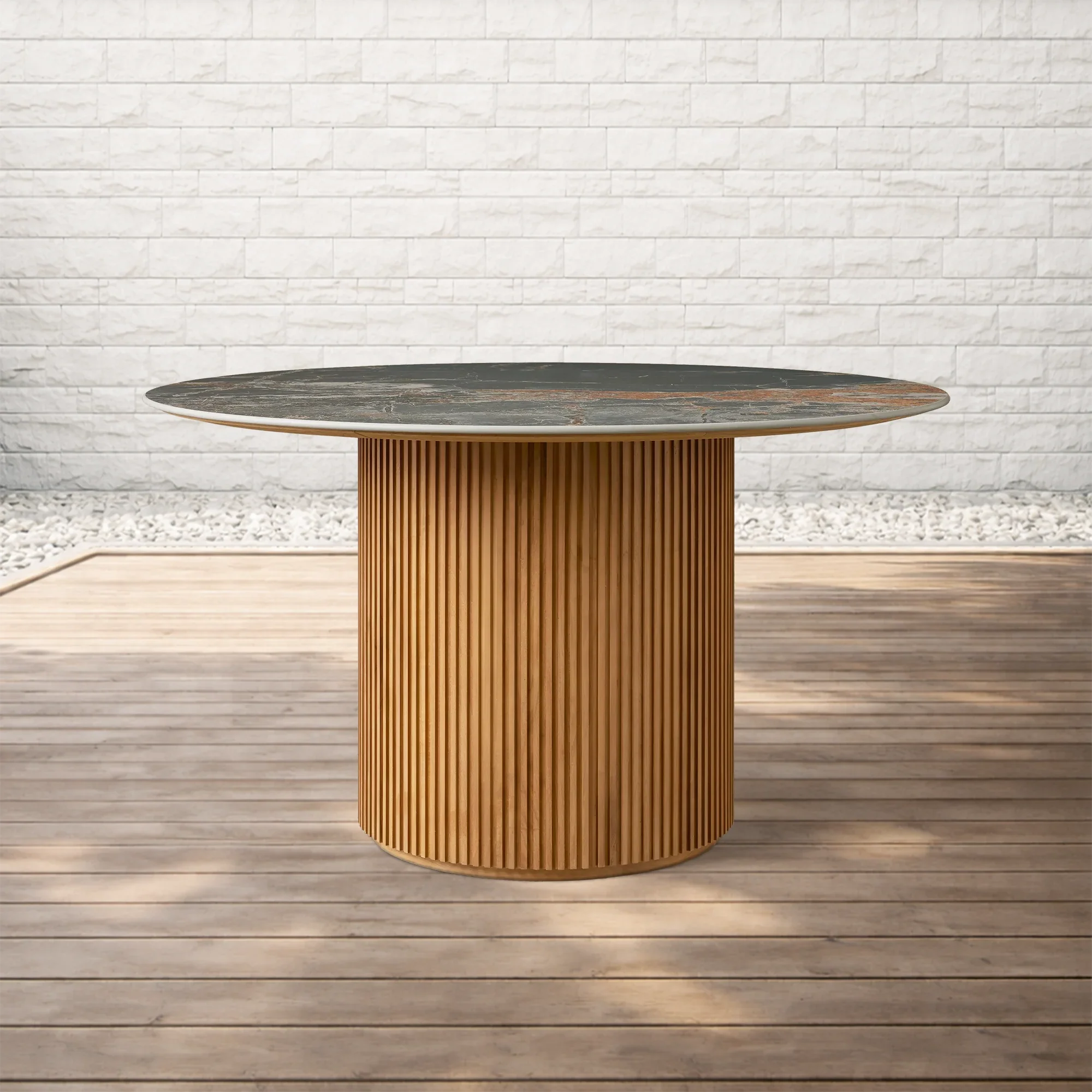 Beaumont Outdoor Teak Round Dining Table with Sintered Stone Top Grade-A Teak Base