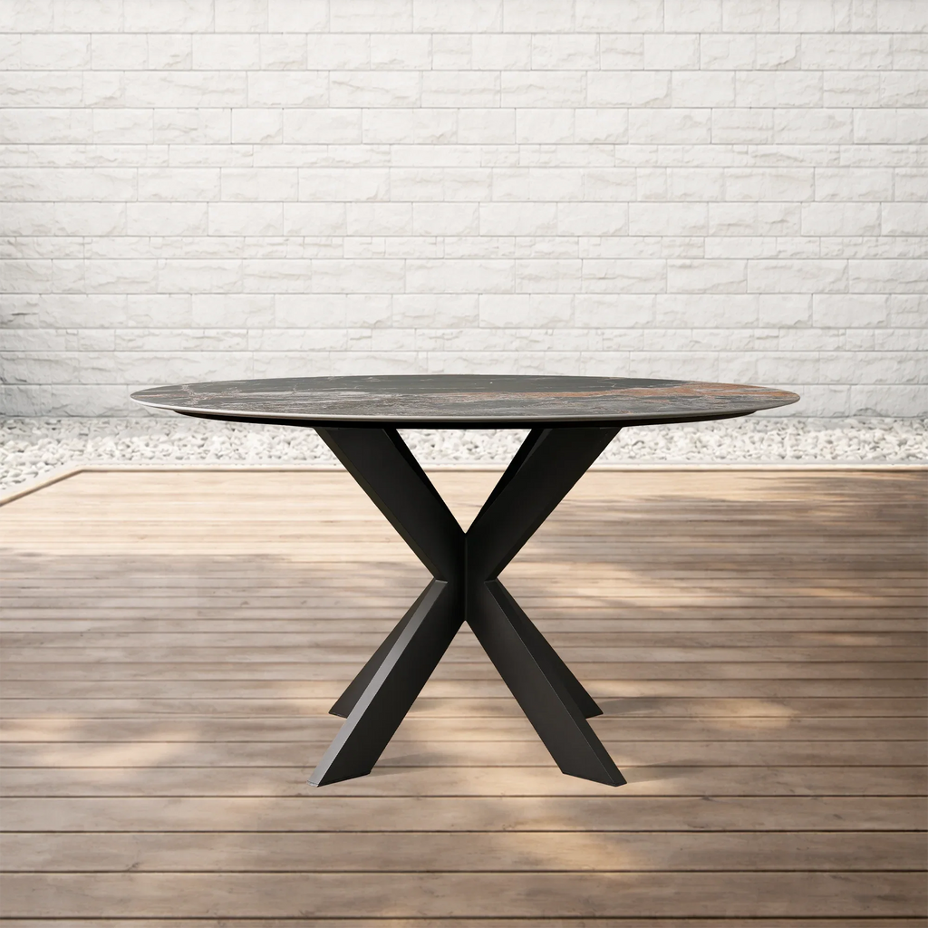 Outdoor Round Dining Table with Stone Top Apex X-Base