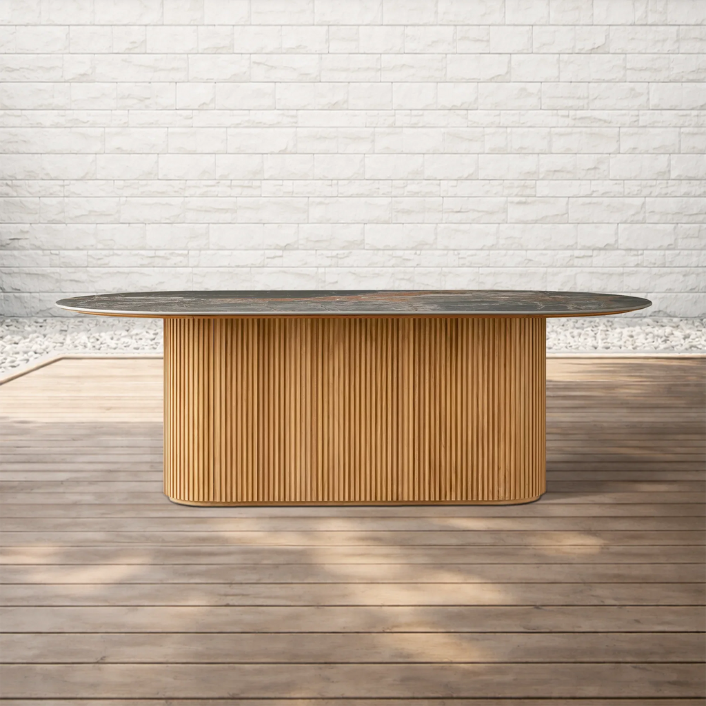 Beaumont Oval Stone Top Outdoor Teak Dining Table in Natural