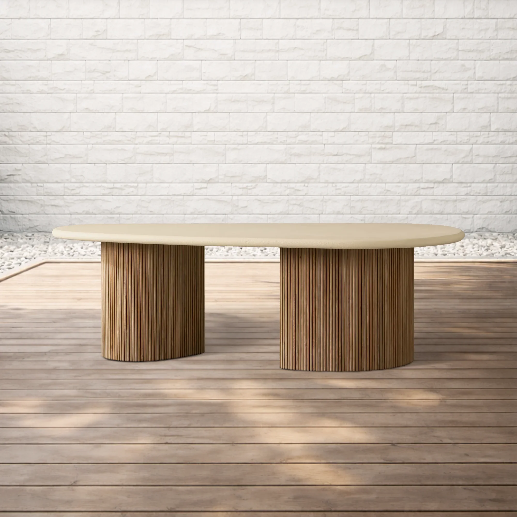 Alesso Organic Shape Outdoor Dining Table with Teak Base in Stone