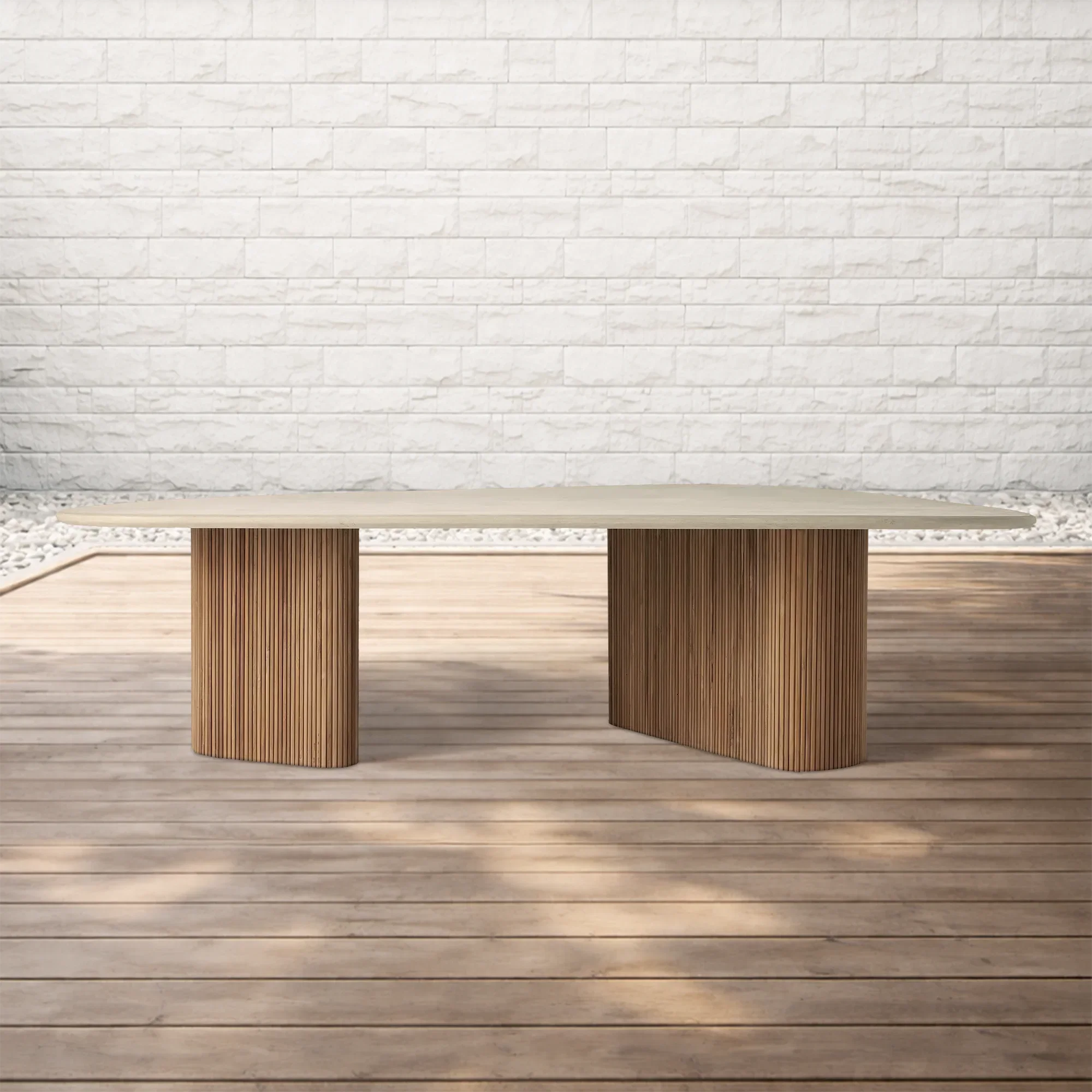 Alesso Organic Shape Outdoor Dining Table with Teak Base in Stone