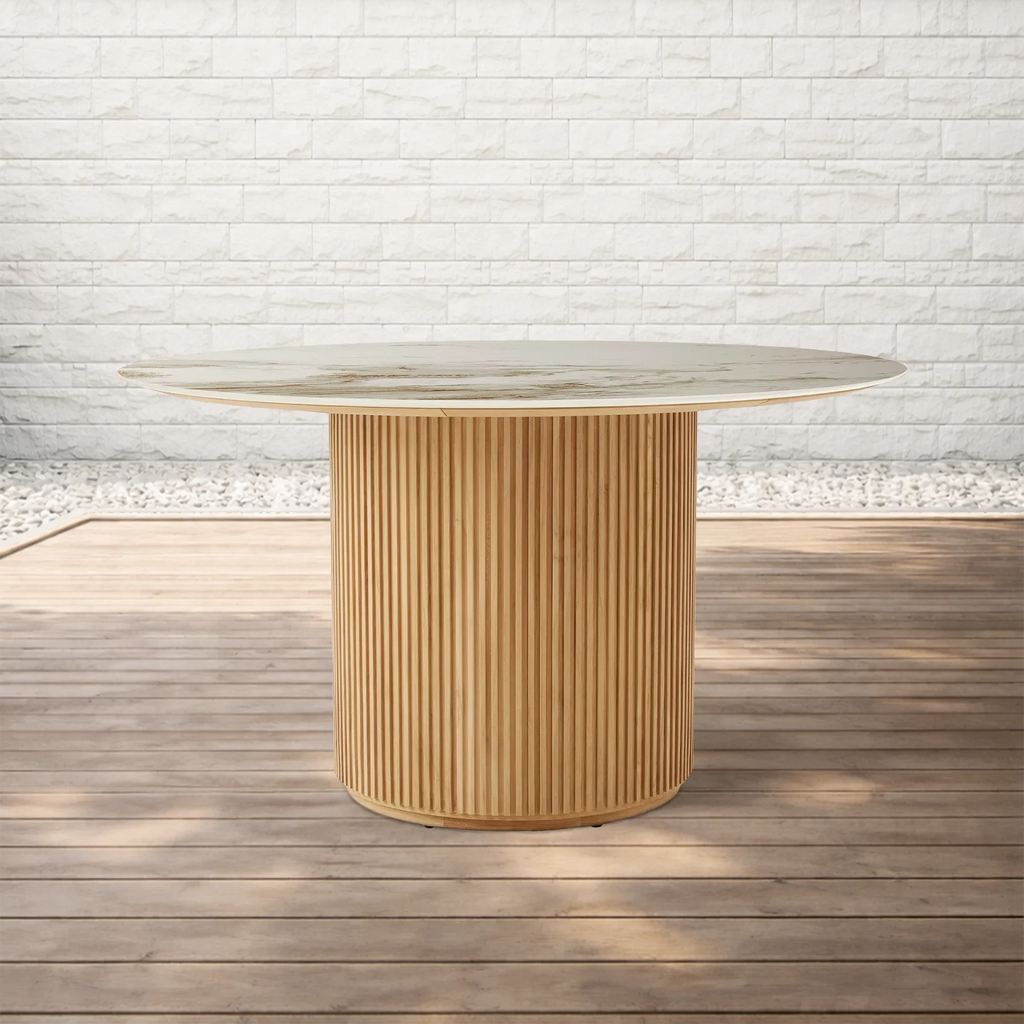 Beaumont Outdoor Teak Round Dining Table with Sintered Stone Top Grade-A Teak Base