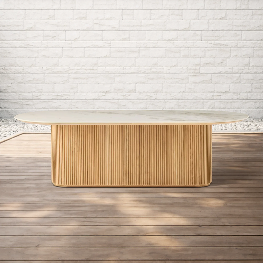 Beaumont Oval Stone Top Outdoor Teak Dining Table in Natural