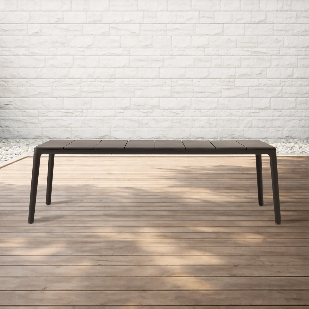 Puglia Outdoor Aluminum Dining Table with Slatted Top Rectangular Modern Outdoor Dining Table