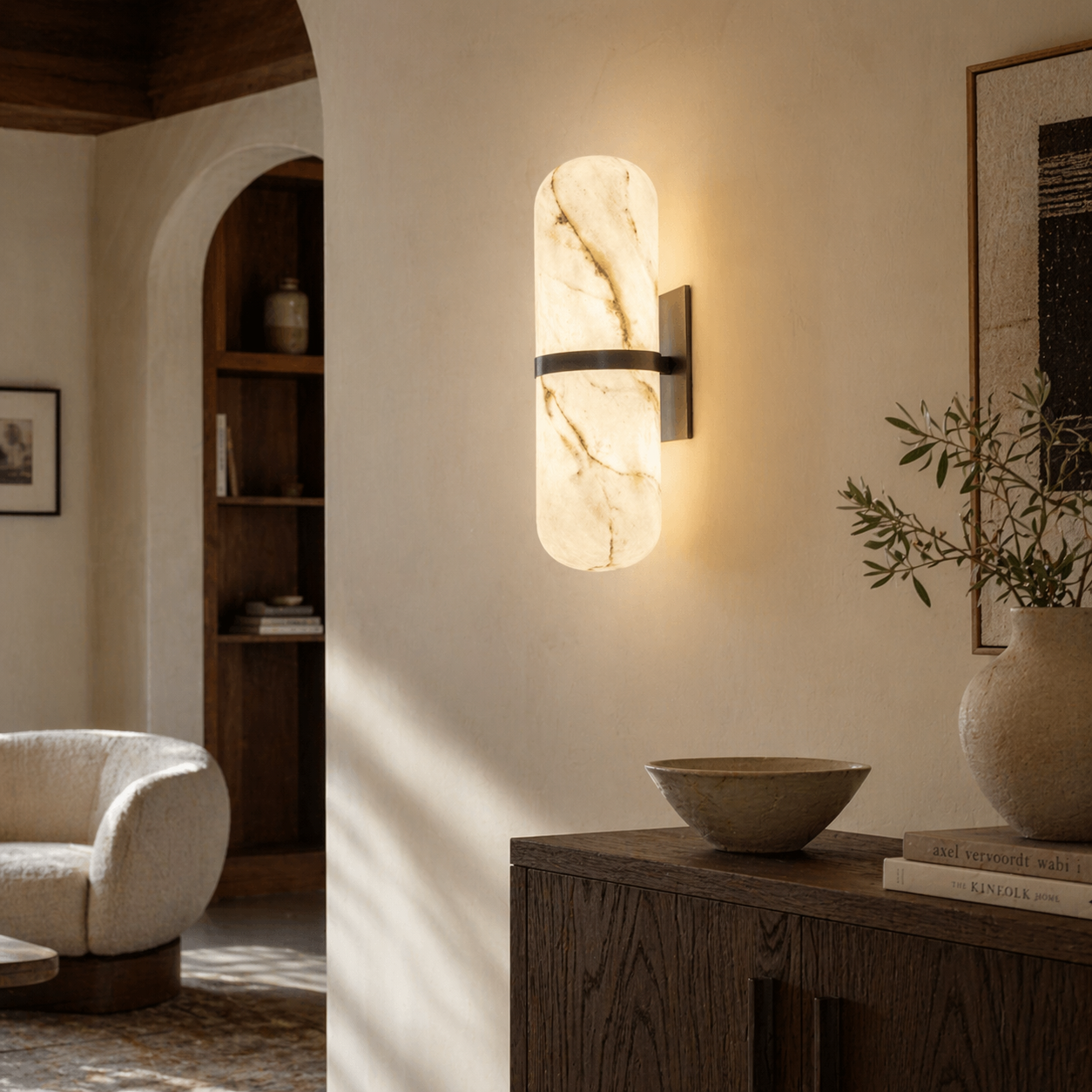 Sofia Alabaster Pill Wall Sconce - Modern 2-Light Dimmable Bathroom Fixture