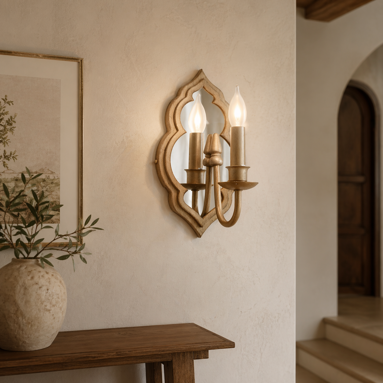 Arabesque Mirrored Candle Wall Sconce - Single-Light Patina Gold Fixture