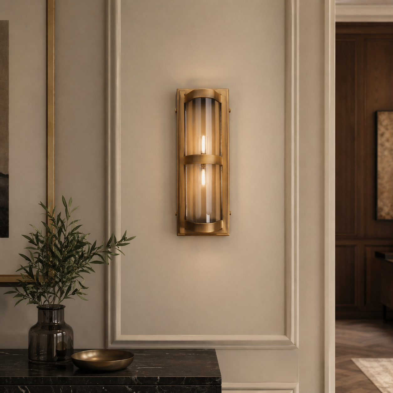 Curved Glass Industrial Wall Sconce with Brass Finish