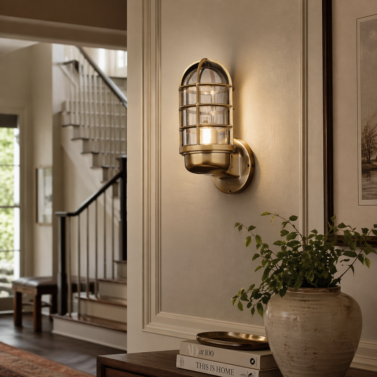 Brass Industrial Caged Glass Wall Sconce