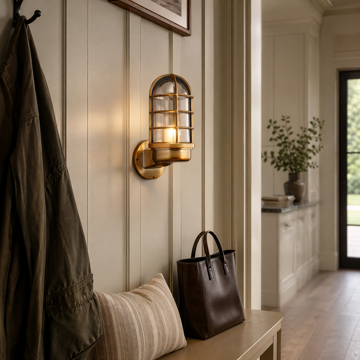 Brass Industrial Caged Glass Wall Sconce