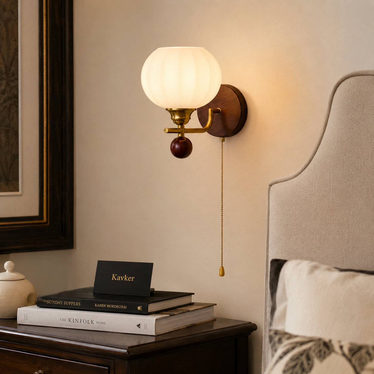 Vintage Wood & Glass Pull-Chain Wall Sconce