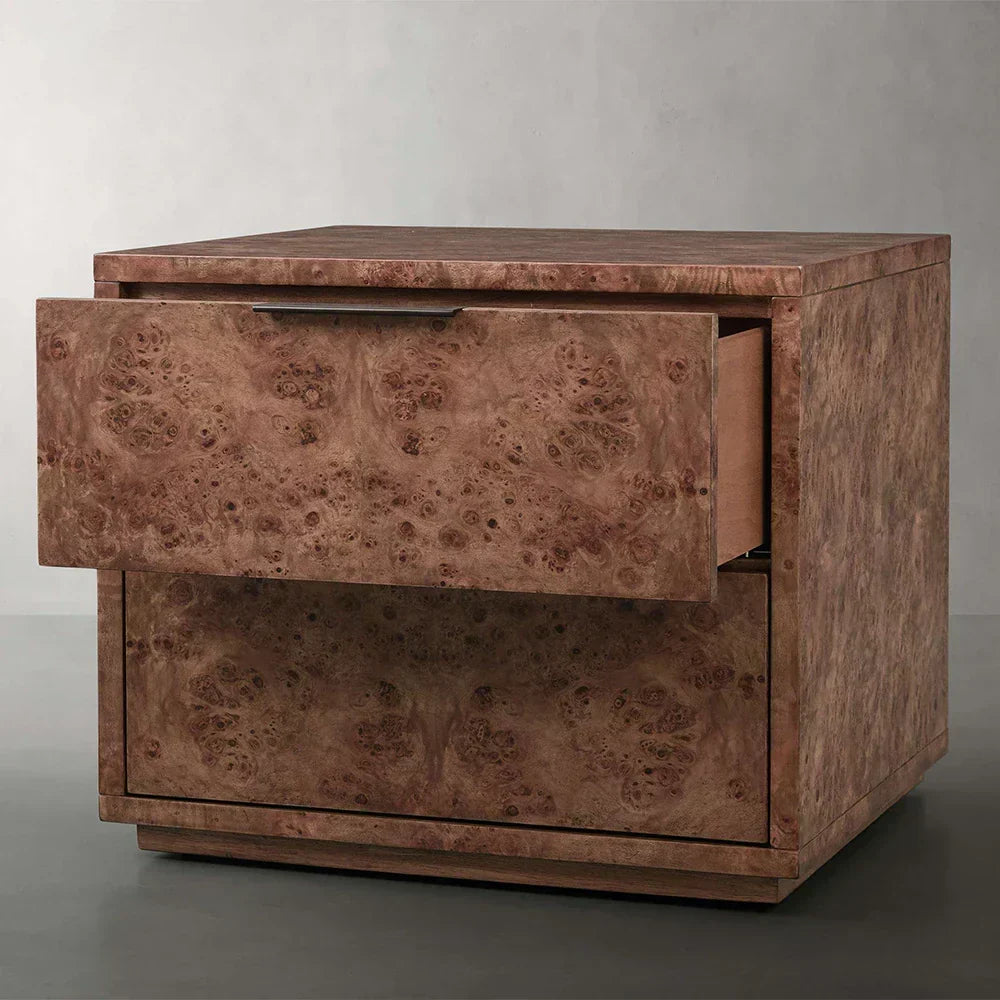 Corey Closed Nightstand Bedside Table with Mappa Burl Wood 2 Drawers