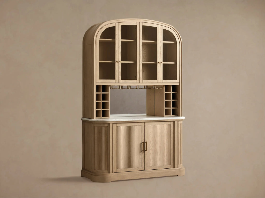 Coventry Bar Cabinet with Carrara Marble Top Glass Display Doors and Wine Storage