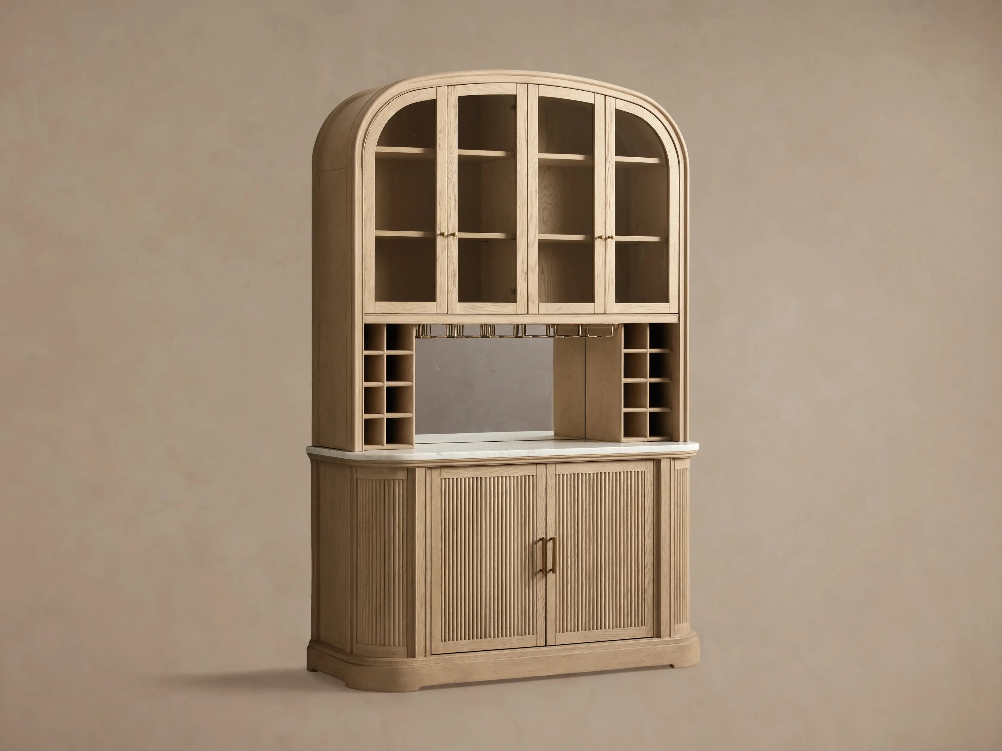 Coventry Bar Cabinet with Carrara Marble Top Glass Display Doors and Wine Storage