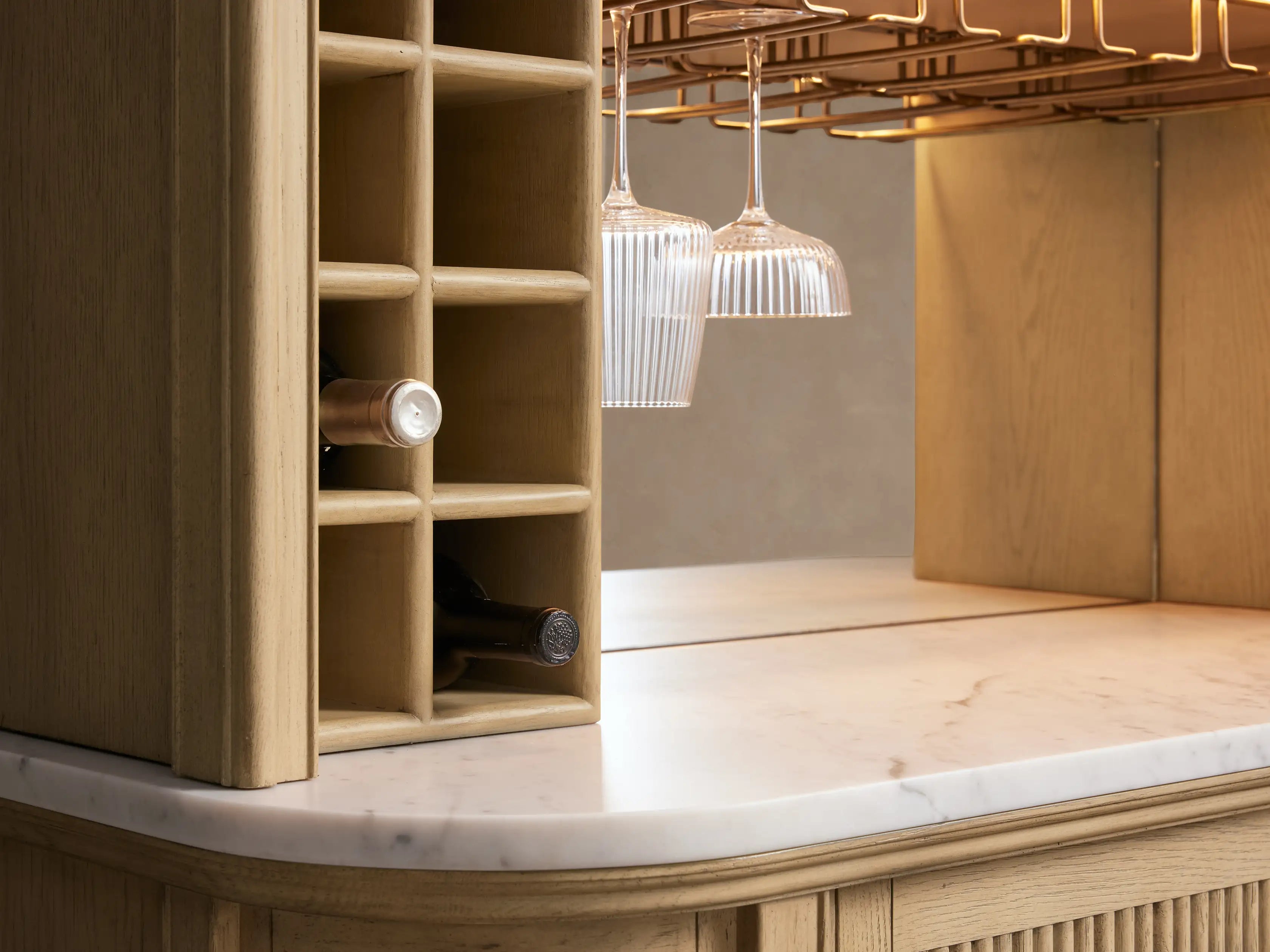 Coventry Bar Cabinet with Carrara Marble Top Glass Display Doors and Wine Storage