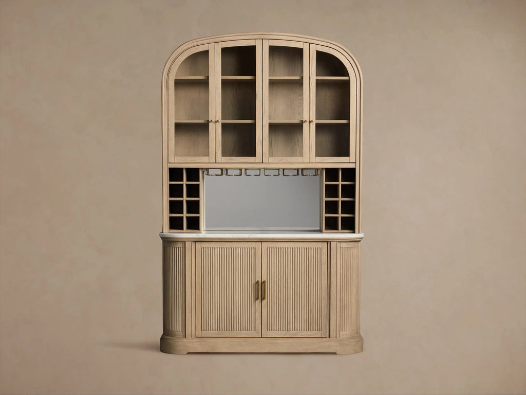 Coventry Bar Cabinet with Carrara Marble Top Glass Display Doors and Wine Storage