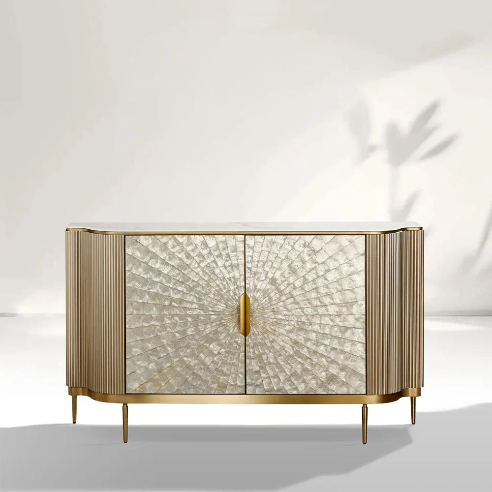 Perla Slate Top Sideboard Luxury Gold Buffet Cabinet With Mother-of-Pearl Door Panel