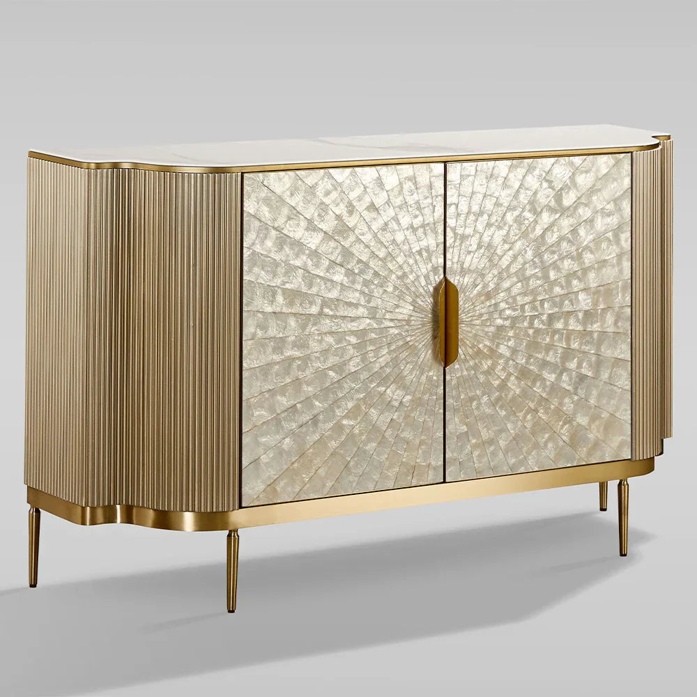 Perla Slate Top Sideboard Luxury Gold Buffet Cabinet With Mother-of-Pearl Door Panel