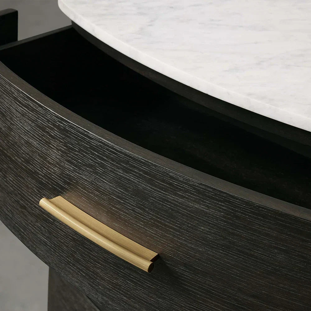 Danny Closed Nightstand Marble Top Bedside Table Brass Pulls Two-Drawer Chest