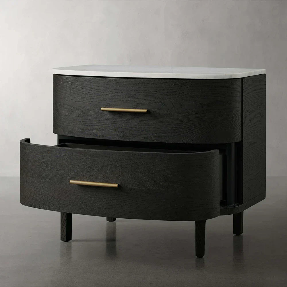 Danny Closed Nightstand Marble Top Bedside Table Brass Pulls Two-Drawer Chest