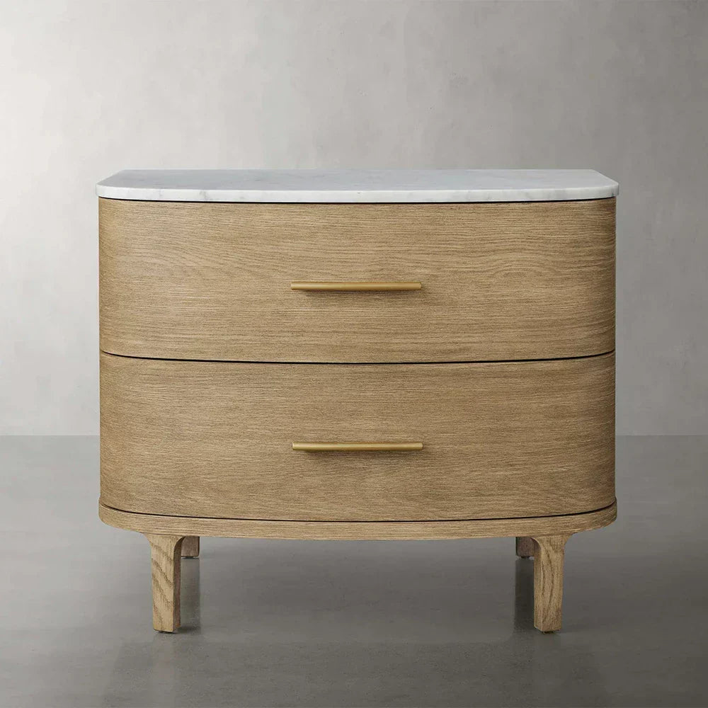 Danny Closed Nightstand Marble Top Bedside Table Brass Pulls Two-Drawer Chest