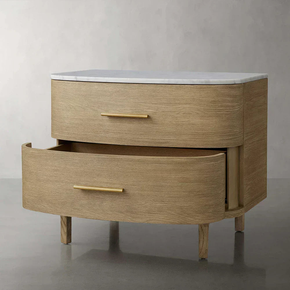 Danny Closed Nightstand Marble Top Bedside Table Brass Pulls Two-Drawer Chest