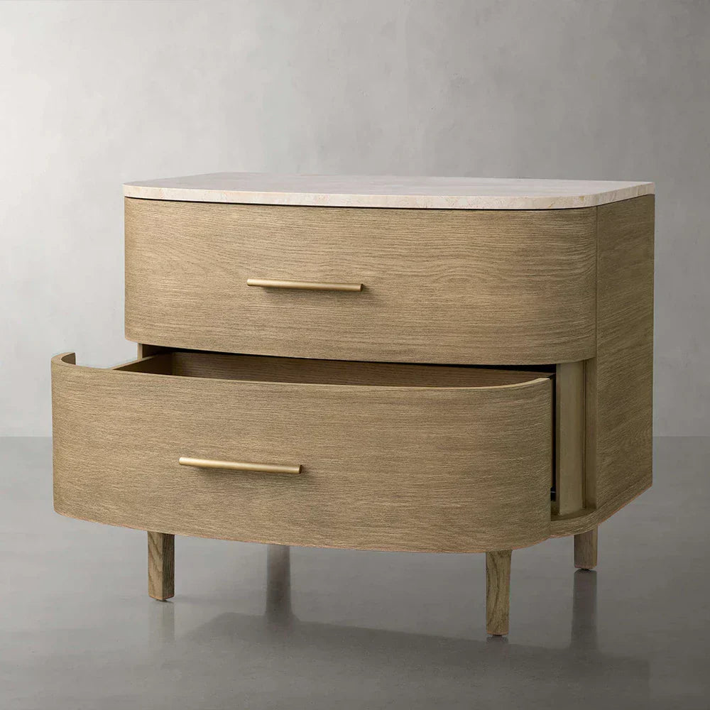 Danny Closed Nightstand Marble Top Bedside Table Brass Pulls Two-Drawer Chest