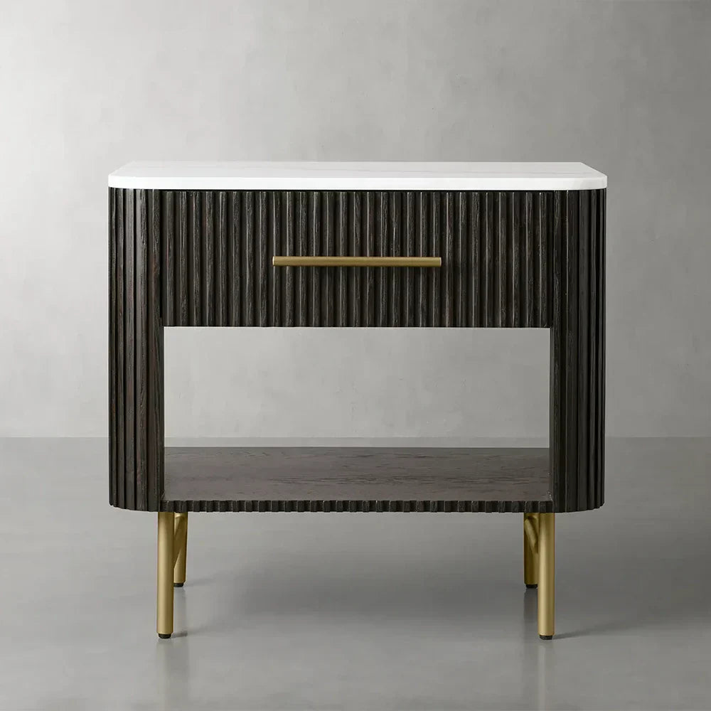 Finnley Open Nightstand Natural Stone Top Bedside Table Wood Bedroom Cabinet