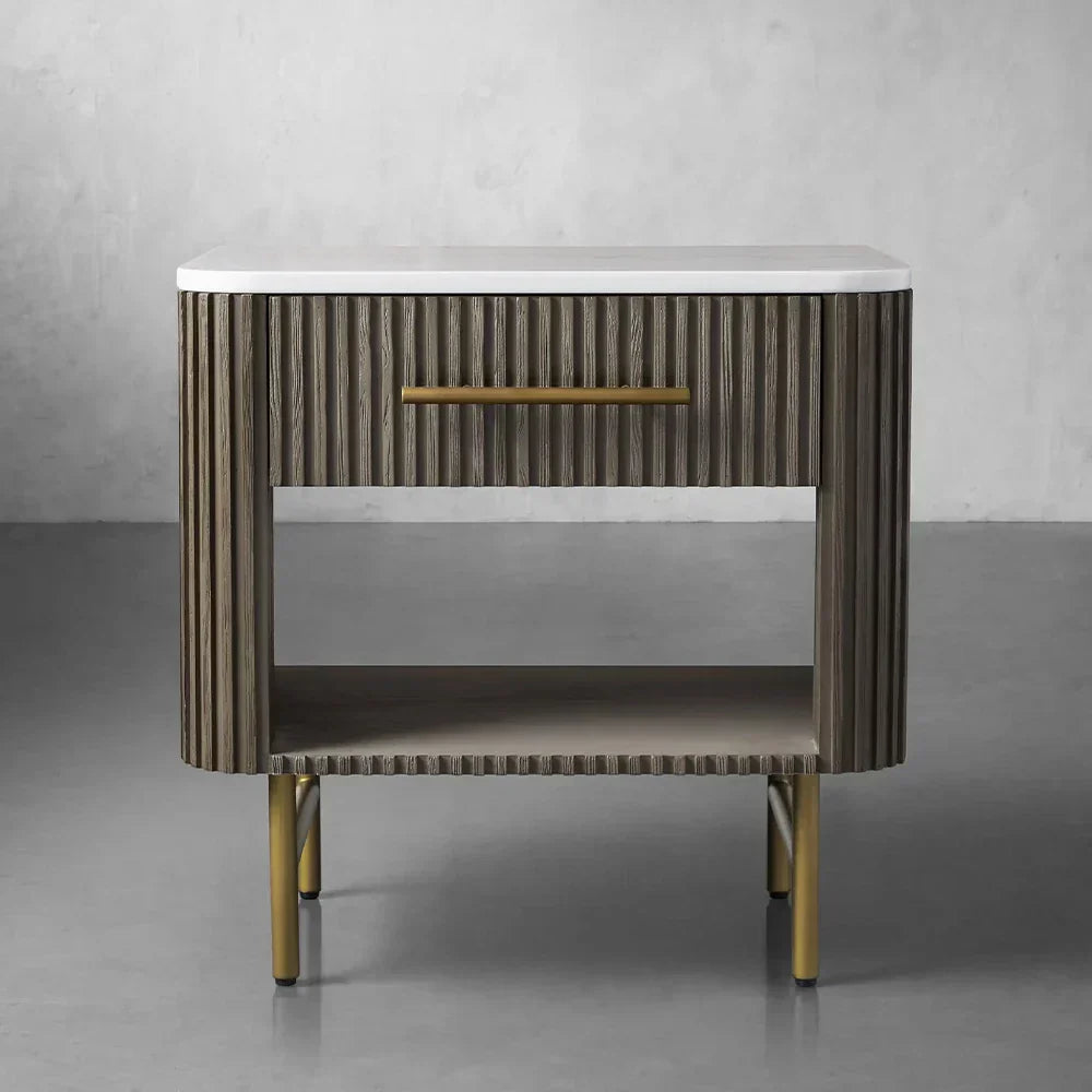Finnley Open Nightstand Natural Stone Top Bedside Table Wood Bedroom Cabinet