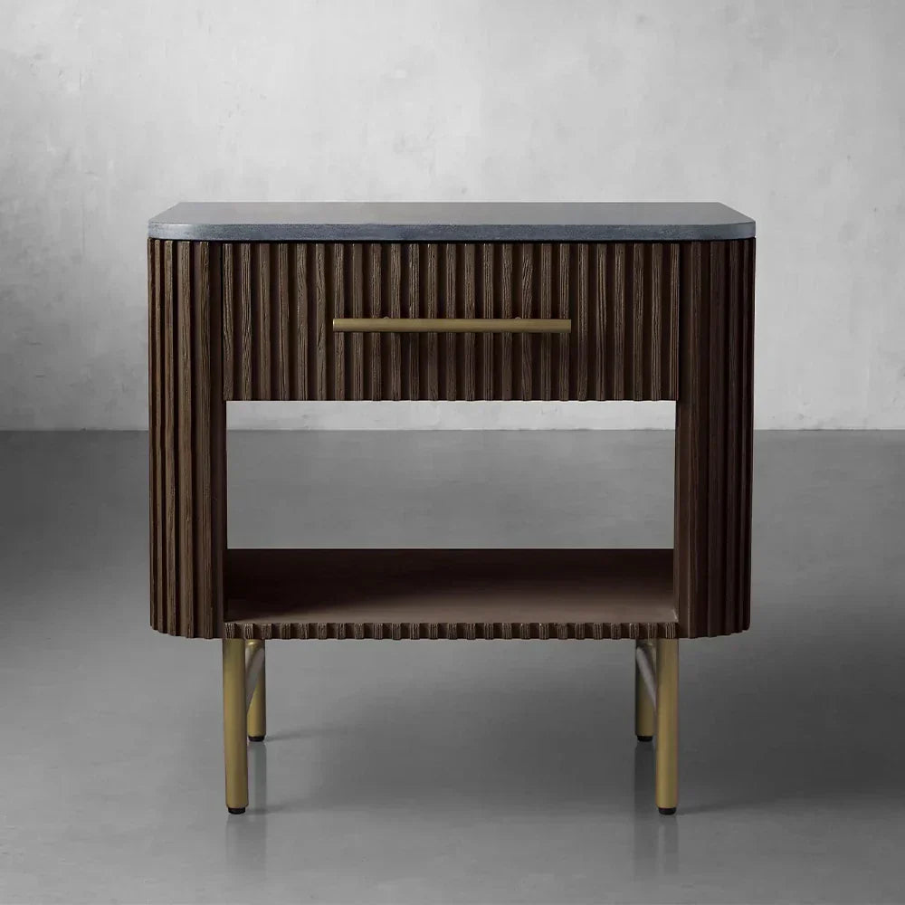 Finnley Open Nightstand Natural Stone Top Bedside Table Wood Bedroom Cabinet