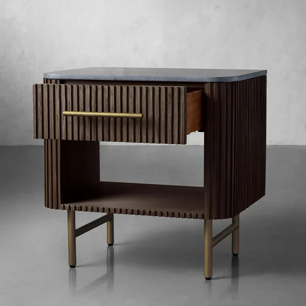 Finnley Open Nightstand Natural Stone Top Bedside Table Wood Bedroom Cabinet